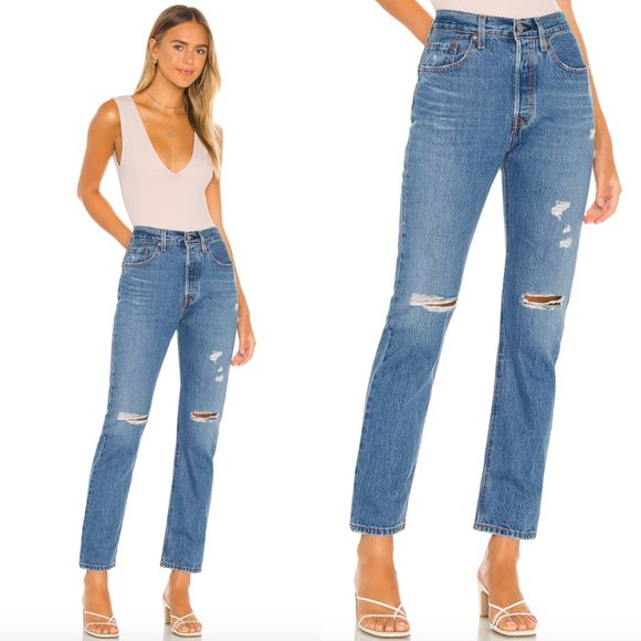 Levi's Denim - NWT Levi's 501 High Rise Rip Knee Straight Leg Jeans Mid Was Blue-blues, Size 28